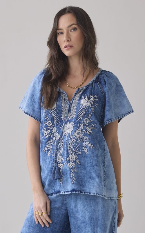 Summum Woman Top Indigo Embroidery Blue Daze