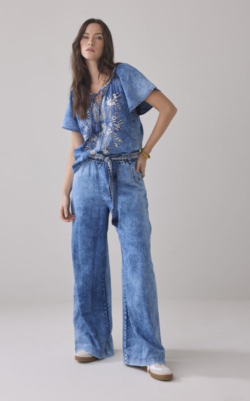 Summum Woman Pants Indigo Embroidery Blue Daze